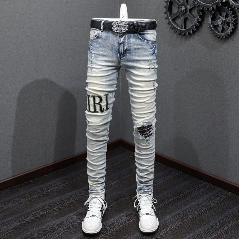 Street Fashion Men Jeans Retro Yellow Blue Elastic Stretch Skinny Ripped Jeans Men Brand Patches Designer Hip Hop Pants Hombre