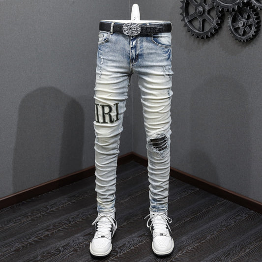 Street Fashion Men Jeans Retro Yellow Blue Elastic Stretch Skinny Ripped Jeans Men Brand Patches Designer Hip Hop Pants Hombre