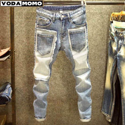 Men denim jeans straight worn hole jeans Europe and America classic old pants cargo pants