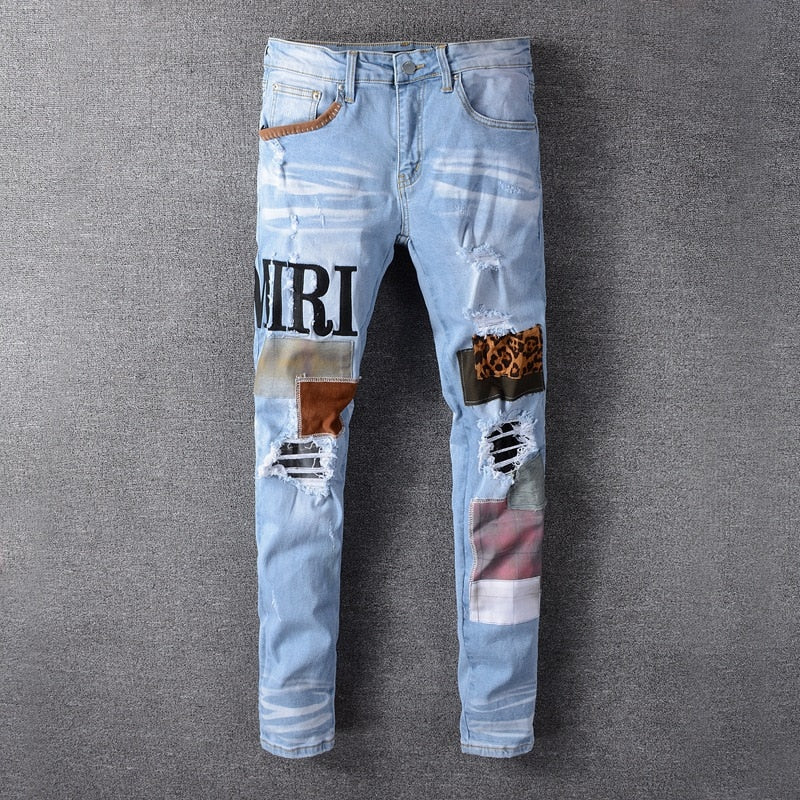 Fashion Patch Ripped Blue Jeans Men Slim Fit Designer Washed Denim Jeans Trousers Men Hip Hop DJ Party Jeans Punk Rock Pants