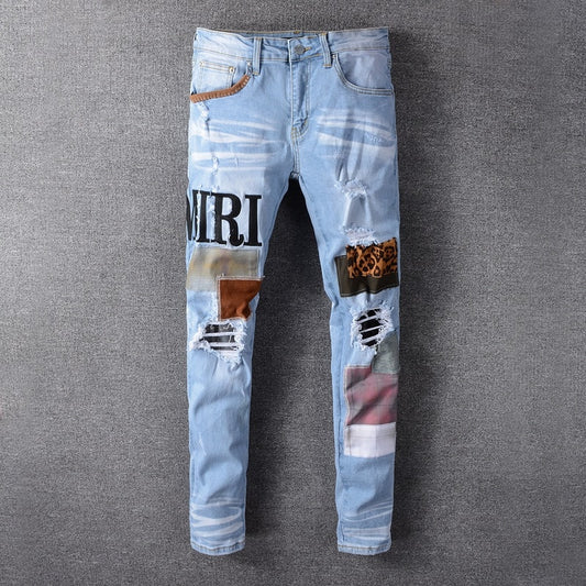 Fashion Patch Ripped Blue Jeans Men Slim Fit Designer Washed Denim Jeans Trousers Men Hip Hop DJ Party Jeans Punk Rock Pants