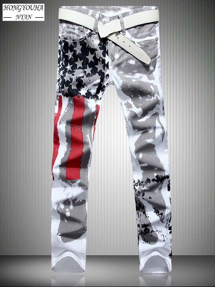 American Flag Printed Streetwear Casual Pants Fashion Straight Denim Trousers