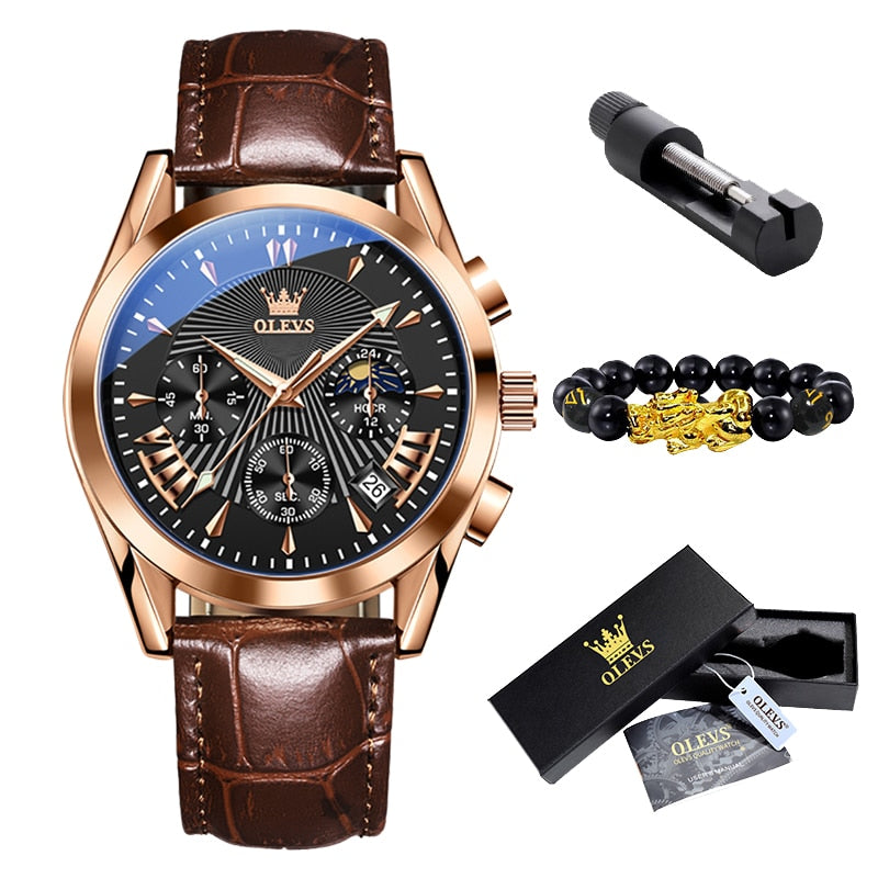 Man Waterproof Luminous Men Watch Quartz Wristwatch Fashion Luxury Chronograph Leather Strap Watch Man