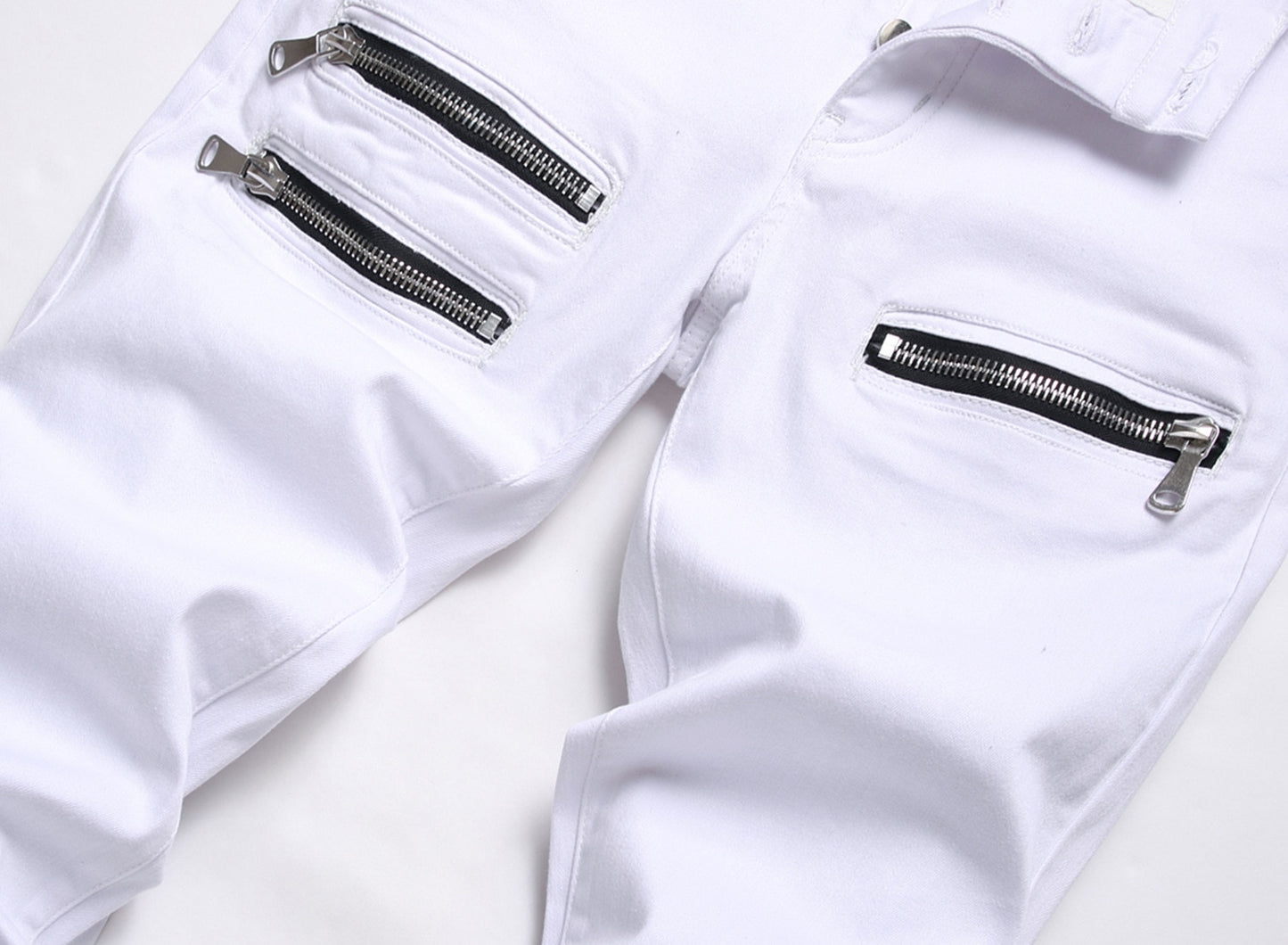 Punk Jeans Men Zipper Hip Hop Slim Fit White Bike Jeans Elastic Split Denim Pants Cotton Fashion
