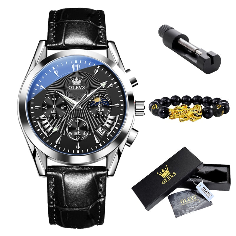 Man Waterproof Luminous Men Watch Quartz Wristwatch Fashion Luxury Chronograph Leather Strap Watch Man