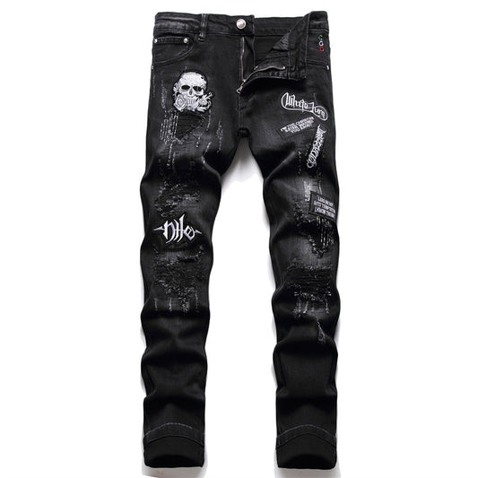 New Ripped Black Jeans Men Fashion Skull Embroidery Slim Stretch Pants Nightclub Motorcycle Trend Clothing