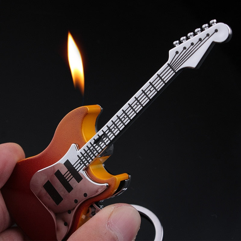 Refillable Butane Gas Lighter Mini Guitar Shape Open Flame Cigarette Lighter Key Chain Creative Portable Trendy Men's Collection