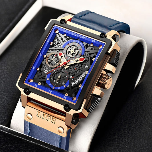 Men Watches Top Brand Luxury Hollow Square Sport Watch For Men Fashion Leather Strap Waterproof Quartz WristWatch