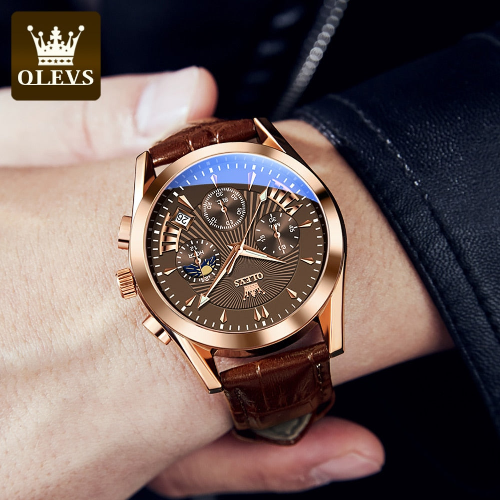 Man Waterproof Luminous Men Watch Quartz Wristwatch Fashion Luxury Chronograph Leather Strap Watch Man
