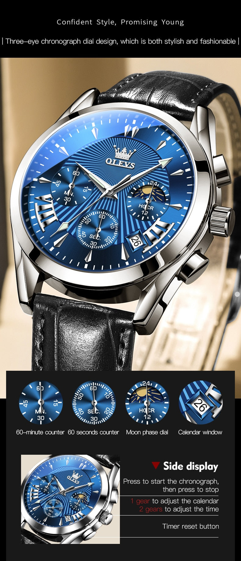 Man Waterproof Luminous Men Watch Quartz Wristwatch Fashion Luxury Chronograph Leather Strap Watch Man