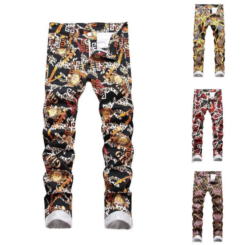 Men's Fashion Digital Print Jeans Mid-Waist Casual Slim Pencil Pants Motorcycle Hip Hop Streetwear For Men Trousers