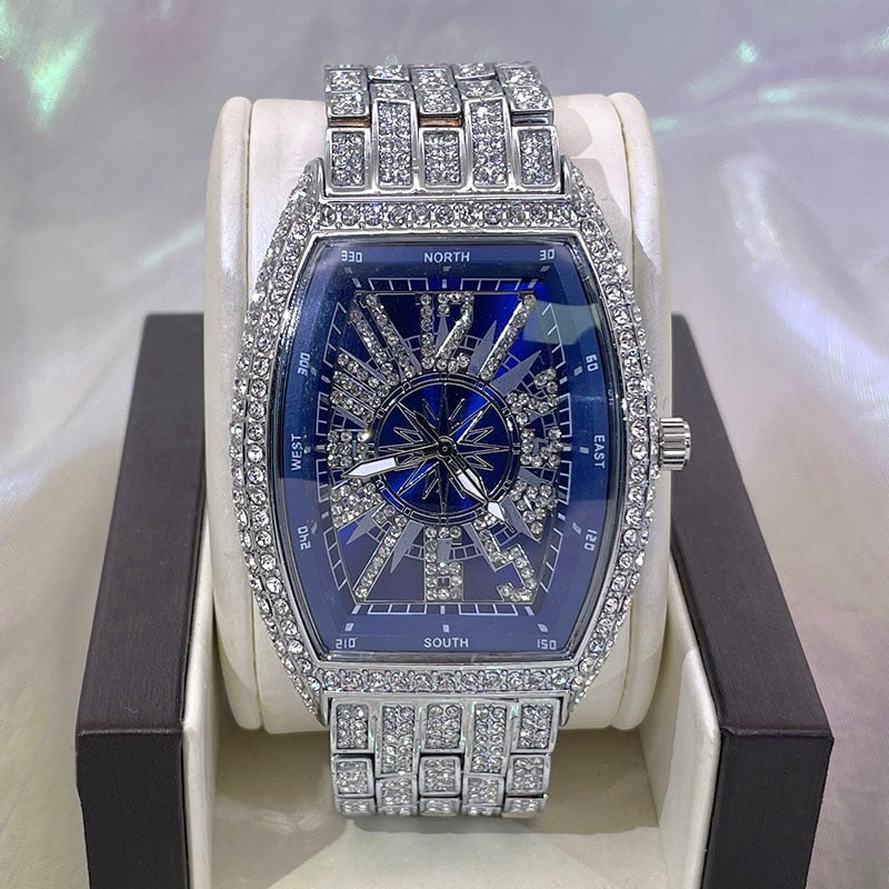 Luxury Mens Watches Fashion Hip Hop Iced Diamond Waterproof Tonneau AAA Quartz Wristwatch