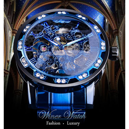 Transparent Diamond Mechanical Watch Blue Stainless Steel Skeleton Watch Top Brand Luxury Business Luminous Male Clock