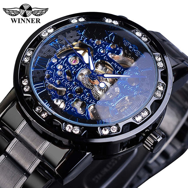 Transparent Diamond Mechanical Watch Blue Stainless Steel Skeleton Watch Top Brand Luxury Business Luminous Male Clock