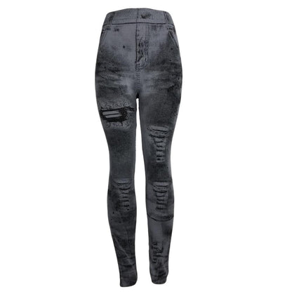 Imitation Distressed Denim Jeans Leggings Casual High Waist Slim Elastic Pencil Pants Sport Leggings