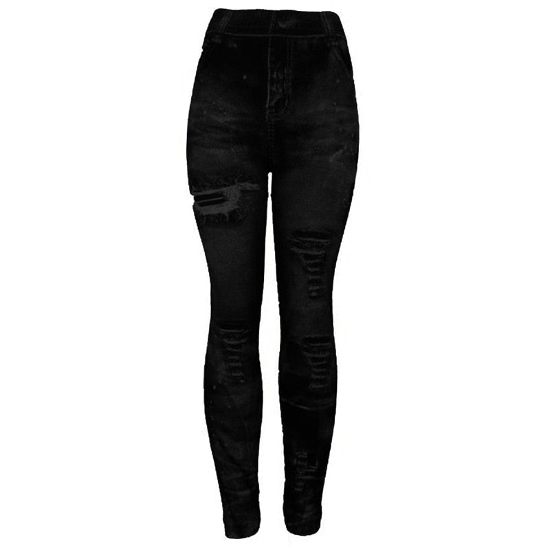 Imitation Distressed Denim Jeans Leggings Casual High Waist Slim Elastic Pencil Pants Sport Leggings