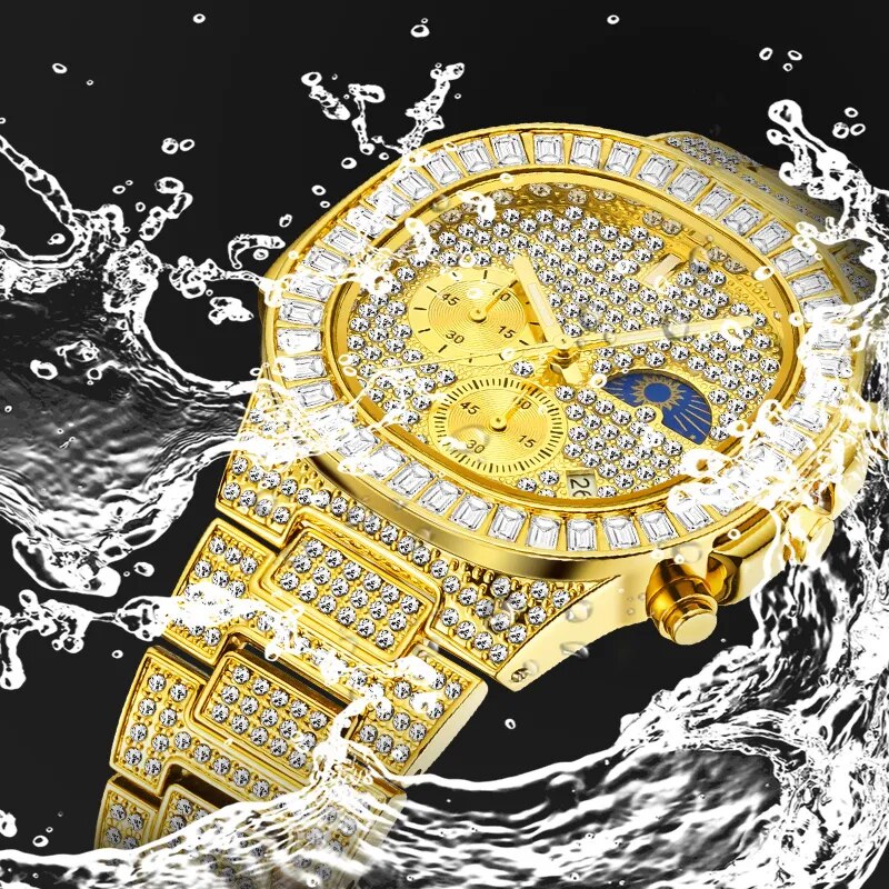 Luxury Brand Stainless Steel Silver Watches Ice Out Waterproof Hip Hop Wristwatch Jewelry