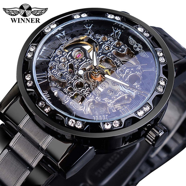 Transparent Diamond Mechanical Watch Blue Stainless Steel Skeleton Watch Top Brand Luxury Business Luminous Male Clock