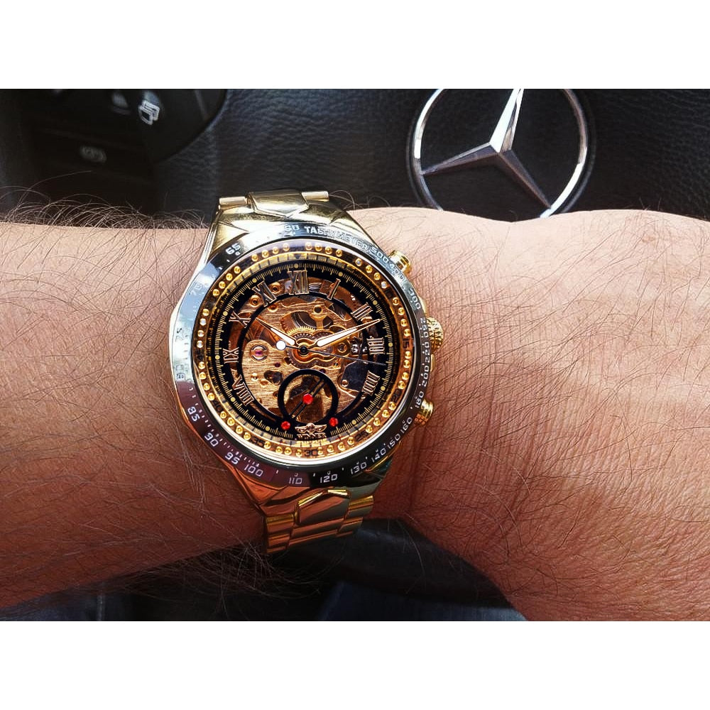 Sport Design Bezel Golden Watch Mens Watches Top Brand Luxury Automatic Skeleton Watch