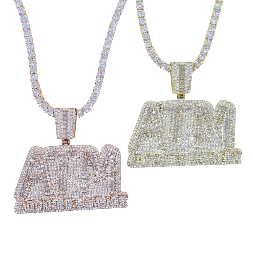 CZ Letters ATM Addicted To Money Pendant Necklace 2 Colors Cubicz Zircon