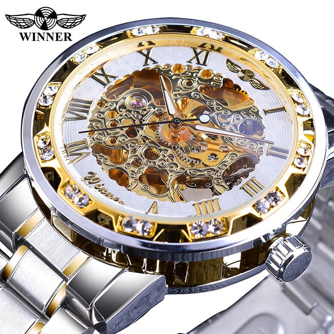 Transparent Diamond Mechanical Watch Blue Stainless Steel Skeleton Watch Top Brand Luxury Business Luminous Male Clock