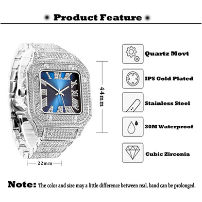 Ice Out Diamond Sunburst Dial Waterproof Quartz Watches