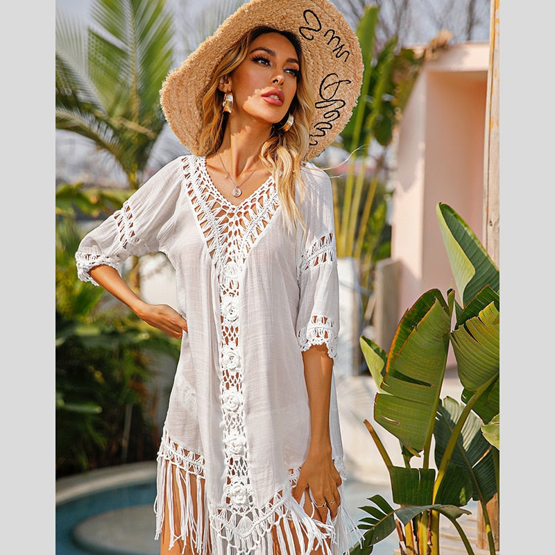 Tassel Beach Outfits Cover-ups for Swimwear Women Backless Sexy Crochet Dress Summer Beachwear Outing Hollow Clothing