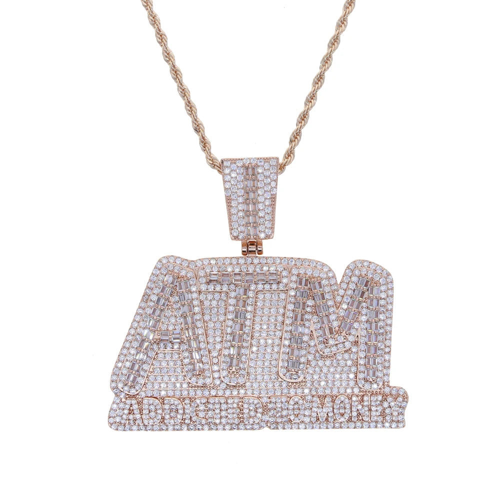 CZ Letters ATM Addicted To Money Pendant Necklace 2 Colors Cubicz Zircon