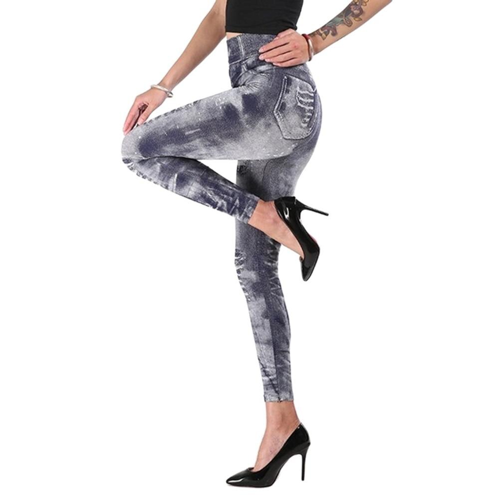 Imitation Distressed Denim Jeans Leggings Casual High Waist Slim Elastic Pencil Pants Sport Leggings