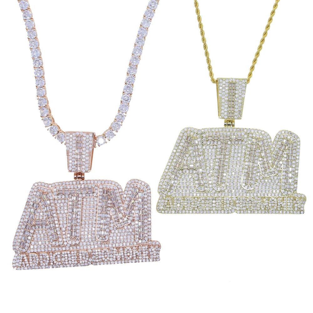 CZ Letters ATM Addicted To Money Pendant Necklace 2 Colors Cubicz Zircon