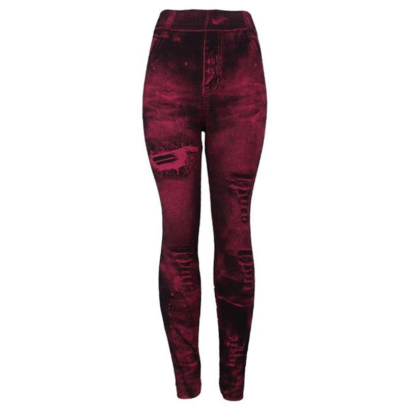 Imitation Distressed Denim Jeans Leggings Casual High Waist Slim Elastic Pencil Pants Sport Leggings