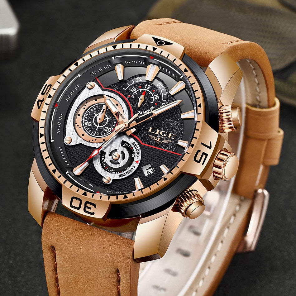 Mens Watches Top Brand Luxury Casual Leather Quartz Clock Male Sport Waterproof Watch Gold Watch for Men