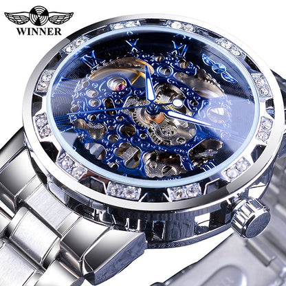 Transparent Diamond Mechanical Watch Blue Stainless Steel Skeleton Watch Top Brand Luxury Business Luminous Male Clock