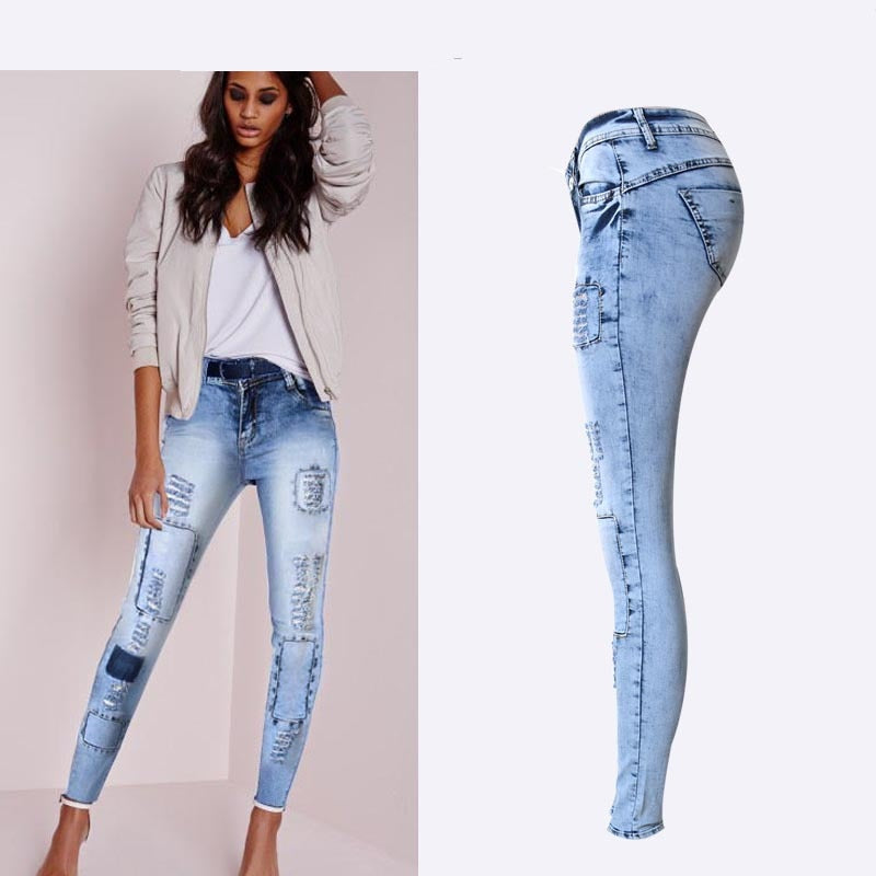 Summer Style Low Waist Sky Blue Patchwork Skinny Tights Women Pencil Jeans High Stretch Sexy Push Up Denim Women Fashion Jeans