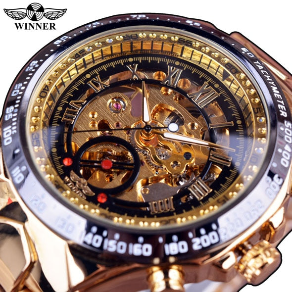 Sport Design Bezel Golden Watch Mens Watches Top Brand Luxury Automatic Skeleton Watch