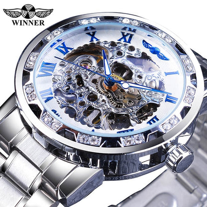 Transparent Diamond Mechanical Watch Blue Stainless Steel Skeleton Watch Top Brand Luxury Business Luminous Male Clock