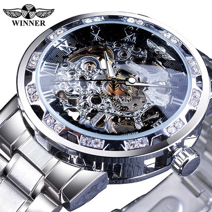 Transparent Diamond Mechanical Watch Blue Stainless Steel Skeleton Watch Top Brand Luxury Business Luminous Male Clock