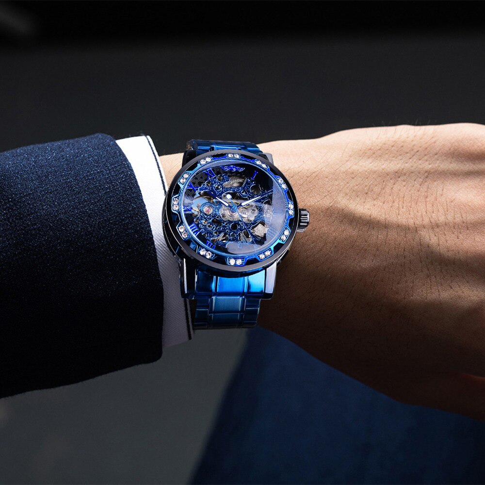 Transparent Diamond Mechanical Watch Blue Stainless Steel Skeleton Watch Top Brand Luxury Business Luminous Male Clock