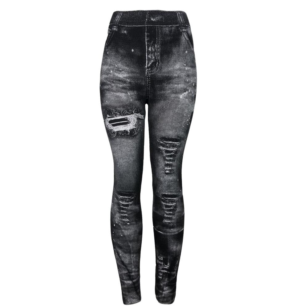 Imitation Distressed Denim Jeans Leggings Casual High Waist Slim Elastic Pencil Pants Sport Leggings