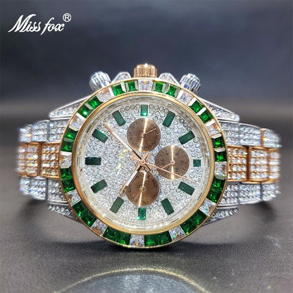 Ice Out Green Diamond Watch For Men Brand Luxury Sport Style Chronograph Quartz Watches Durable