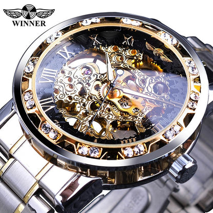 Transparent Diamond Mechanical Watch Blue Stainless Steel Skeleton Watch Top Brand Luxury Business Luminous Male Clock