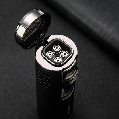 Cylindrical Metal Windproof Gas Lighter Red Flame Four Nozzle Spray Gun Multifunctional Cigar Butane Lighter Cigar Accessories