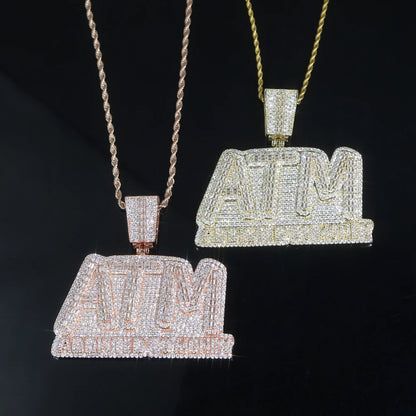 CZ Letters ATM Addicted To Money Pendant Necklace 2 Colors Cubicz Zircon