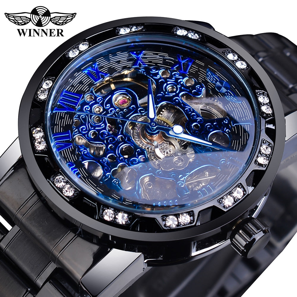 Transparent Diamond Mechanical Watch Blue Stainless Steel Skeleton Watch Top Brand Luxury Business Luminous Male Clock