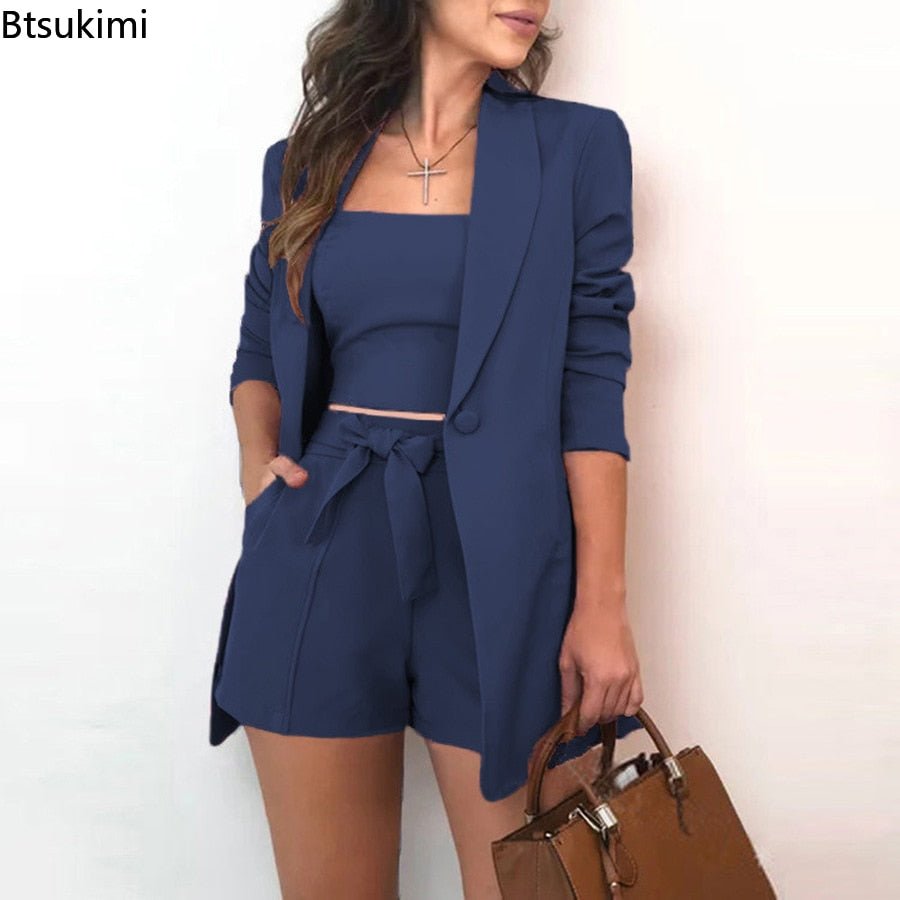 Women Blazer Sets for Office Formal Ladies OL Shorts Top Sets Solid Top Blazer Coat Shorts Sets Elegant 3 Piece Sets Female