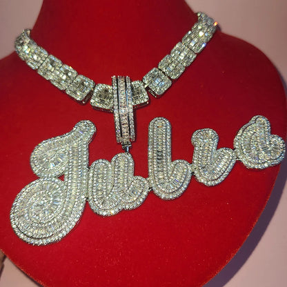 Custom Big Brush Cursive Iced Out Name Pendant  Bubble Letters Word Necklace With Rhinestone Baguettes