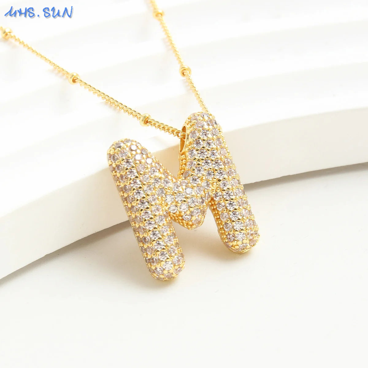 Cubic Zircon A-Z 26 Bubble Letter Necklace 2 Sizes Gold Plated M Chunky Balloon Initials Pendant