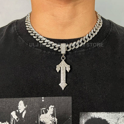 Iced Out Cross Sword Necklaces with 12mm Cuban Chain Pendant