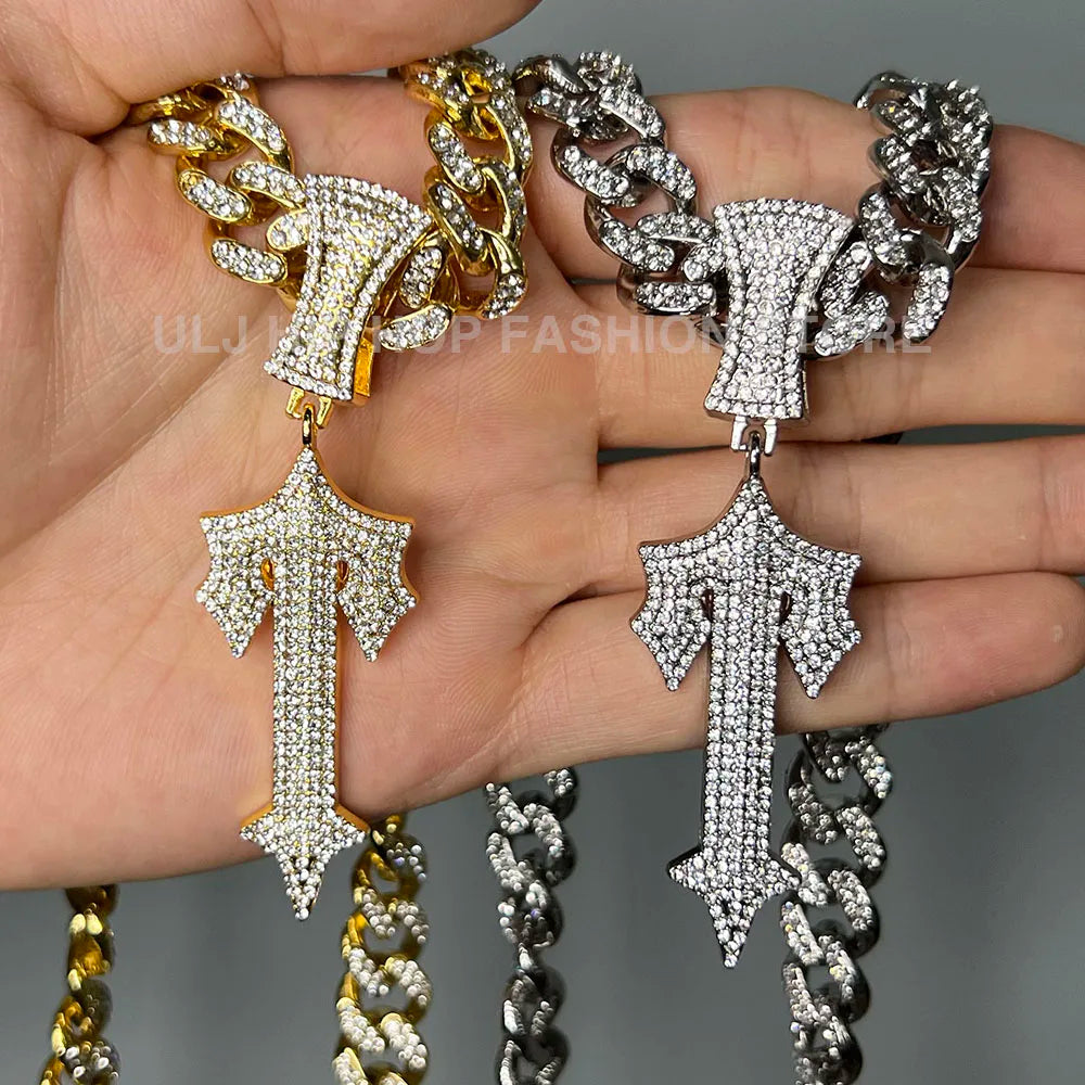 Iced Out Cross Sword Necklaces with 12mm Cuban Chain Pendant