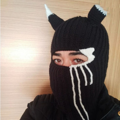 Halloween Balaclava Devil Horn Hat Warm Cowhorn Hat Full Face Cover Ski Mask Hat Windproof  Hat For Outdoor Sport